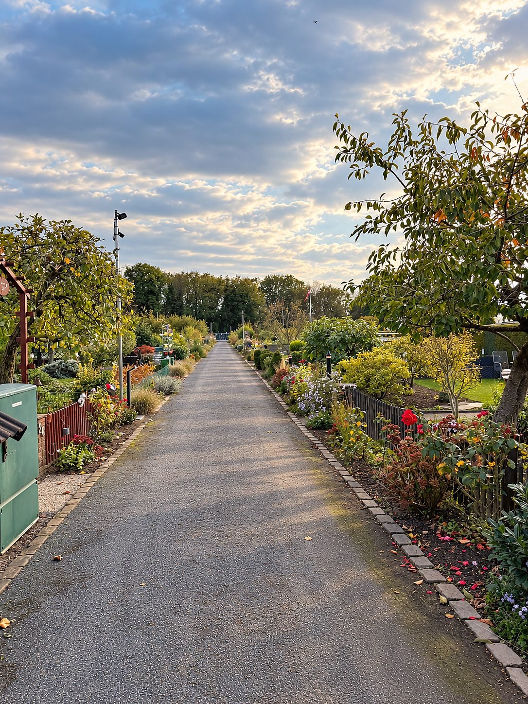 Blick über den Hauptweg der Anlage mit Gärten, Obstbäumen und Blumenbeeten zu beiden Seiten